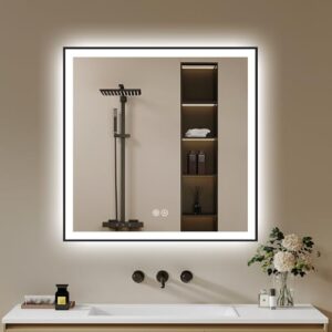 Badezimmerspiegel mit LED-Beleuchtung, 60x60cm, Badezimmer Spiegel mit Beleuchtung, Beschlagfrei, Dimmbar, 3 Lichtfarben, Wandspiegel Led-Spiegel-Bad Metallrahmen Horizontal/Vertikal