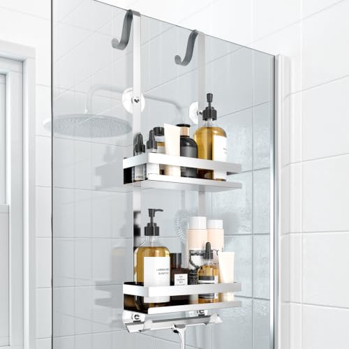 Duschablage ohne Bohren, Badezimmer Organizer, Badregal Duschregal ohne Bohren, ideal für Glasduschtüren und zum Hängen von Shampoo und Conditionern in der Dusche, Silber