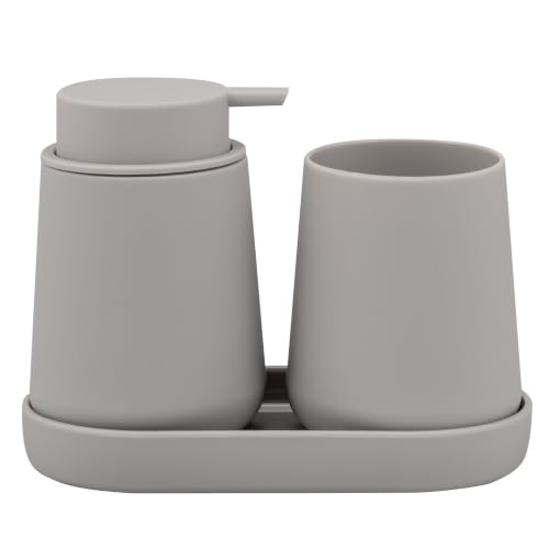 Badezimmer-Set mit Seifenspender, Becher und Schale in Taupe aus Kunststoff