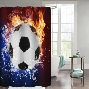 Fußball Duschvorhang 180x180 cm Sport Thema Fußball Duschvorhang Textil 3D Fußball Duschvorhänge mit 12 Ringen für Jungen, Kinder