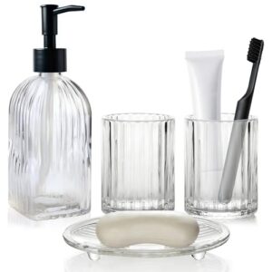 Praktisches und dekoratives Badezimmer-Set mit Glas-Seifenspender, Becherhalter, Seifenschale und Zahnbürstenhalter für Handseife, Spülmittel, Zahnbürstenhalter, Duschgel und Lotion