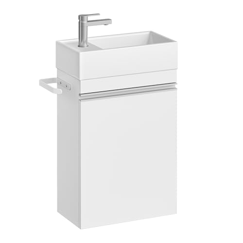 Hzuaneri Waschbecken mit Unterschrank, weißer Lack, keramisches Becken, praktischer Stauraum für Badezimmerartikel, Handtuchhalter und Querstangengriff.