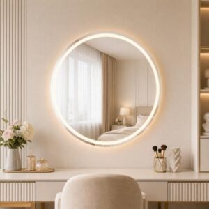 Koonmi runder LED Badspiegel 70 cm, dimmbar - moderner Spiegel mit integrierter LED-Leuchte und Antibeschlagmechanismus für das Badezimmer