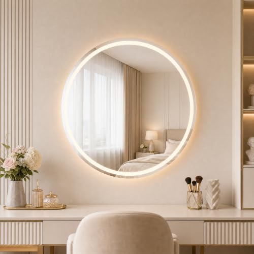 Koonmi runder LED Badspiegel 70 cm, dimmbar - moderner Spiegel mit integrierter LED-Leuchte und Antibeschlagmechanismus für das Badezimmer