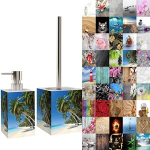 Badezimmer-Set mit Seifenspender und WC-Bürste mit Motiv, großes Design-Angebot ohne Bohrpflicht, karibische Designs für ein modernes Badezimmer