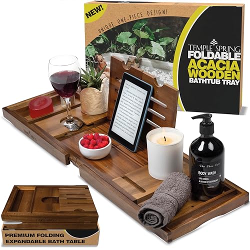 Klappbares Badewannentablett aus Akazienholz, Holz-Badregal mit Ausziehfunktion, Spa-Brett für Erwachsene, Badewannencaddy, Holz-Badezimmer-Zubehör-Set