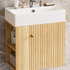 Wandmontiertes Waschbecken mit Unterschrank, weißes Keramikbecken, schwebender Tisch, zusätzlicher Stauraum für kleine Badezimmer
