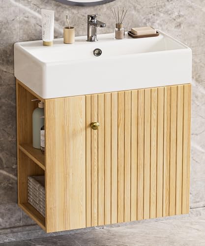 Wandmontiertes Waschbecken mit Unterschrank, weißes Keramikbecken, schwebender Tisch, zusätzlicher Stauraum für kleine Badezimmer