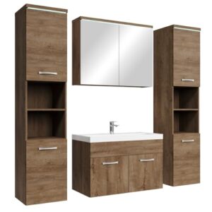 Badezimmermöbel mit Waschbecken, Spiegelschrank und 2 Badezimmerschränken, Braun Eiche, Komplettset Paso XL LED 80 x 40 cm