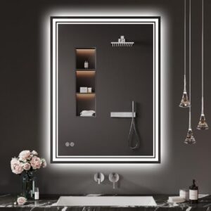 Badspiegel mit Beleuchtung 60x80cm LED Badezimmer Spiegel Beschlagfrei, Touch-Schalter, 3 Lichtfarben, Dimmbar, für Badezimmer, Gäste WC