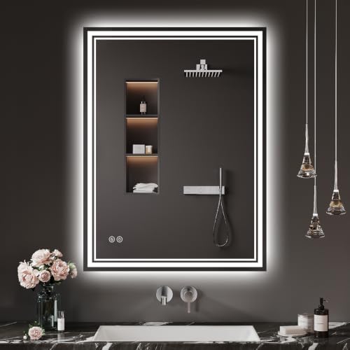 Badspiegel mit Beleuchtung 60x80cm LED Badezimmer Spiegel Beschlagfrei, Touch-Schalter, 3 Lichtfarben, Dimmbar, für Badezimmer, Gäste WC