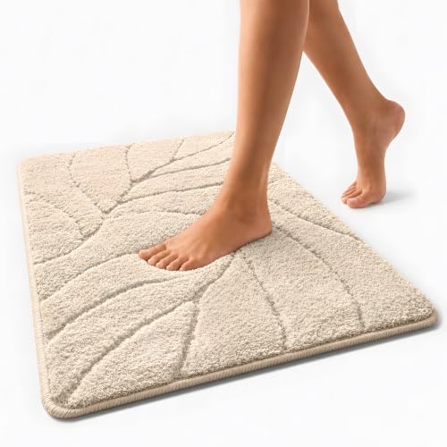 Badteppich extra flauschig und schnelltrocknend, Badezimmer Teppich mit rutschhemmender Rückseite, Badematte Duschvorleger in Ivory Farbe
