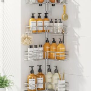 HAMITOR Duschablage ohne Bohren Teleskop, silbergrau, l-förmig, teleskopregal, eckregal für Bad und Badewanne Accessoires, mit Haken/Seifenhalter, verstellbar 121-314 cm