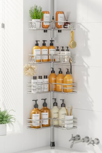 HAMITOR Duschablage ohne Bohren Teleskop, silbergrau, l-förmig, teleskopregal, eckregal für Bad und Badewanne Accessoires, mit Haken/Seifenhalter, verstellbar 121-314 cm
