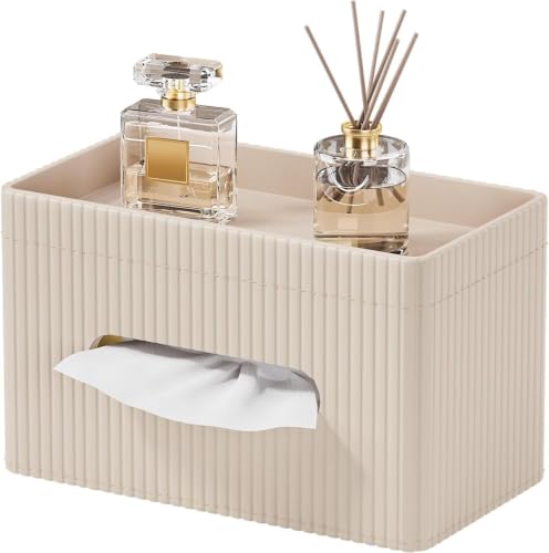 Moderne Taschentuchspender aus PU Leder mit Ablage für Wohnzimmer, Badezimmer & Büro in Beige