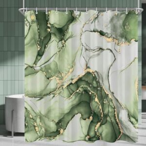 Duschvorhang 120x200 cm Olivengrün Marmor, Beschwerter Saum Antischimmel Wasserabweisend Waschbar Polyester Badevorhänge mit 8 Ösen und Duschvorhangringen für Badezimmer Badewanne