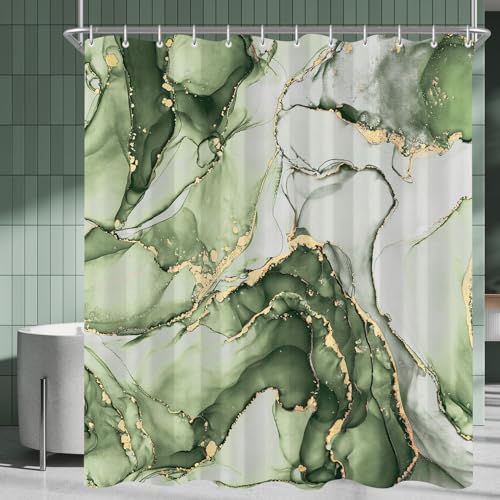 Duschvorhang 120x200 cm Olivengrün Marmor, Beschwerter Saum Antischimmel Wasserabweisend Waschbar Polyester Badevorhänge mit 8 Ösen und Duschvorhangringen für Badezimmer Badewanne