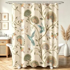 Lerores Duschvorhang 180x200 cm mit Vogelbaum-Muster, graue Farbe, Beschwerter Saum gegen Schimmel und Wasserabweisendes Material für Badezimmer, Badewanne