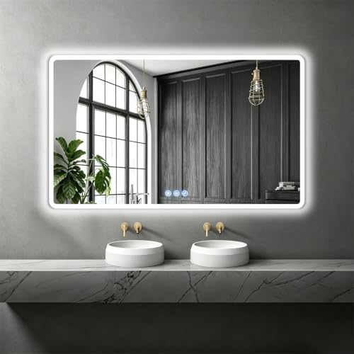 NimbusCrest Badspiegel mit Beleuchtung 120x70 cm, LED Badezimmerspiegel mit Touch-Schalter und 3 Stufenlos Dimmbaren Lichtfarben, Antibeschlag, IP65, HD-Hartglas und Einfachem Lichtring