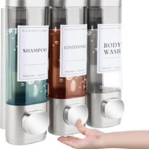 Seifenspender für Dusche, Wandbefestigung ohne Bohren, 3 Kammern, ABS, 3x 300 ml für Shampoo und Spülmittel mit transparentem Sichtfenster und Druckspender