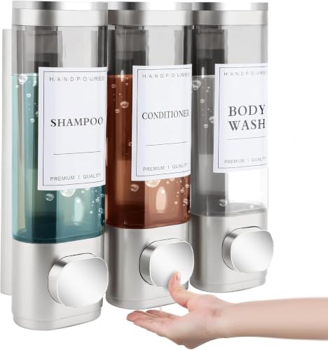 Seifenspender für Dusche, Wandbefestigung ohne Bohren, 3 Kammern, ABS, 3x 300 ml für Shampoo und Spülmittel mit transparentem Sichtfenster und Druckspender
