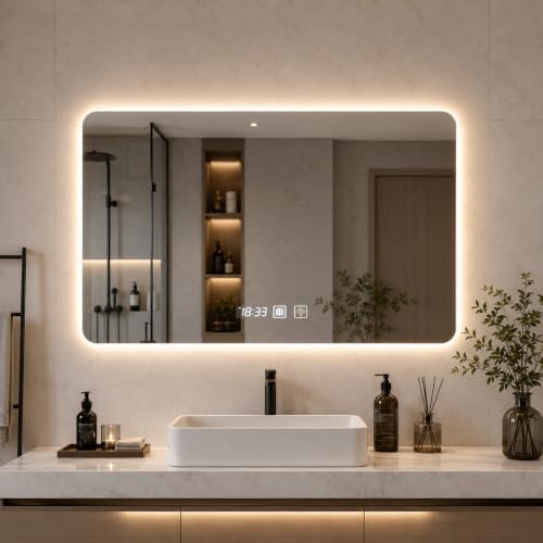 Badezimmerspiegel mit LED-Beleuchtung, 3 Lichtfarben und Touch-Schalter