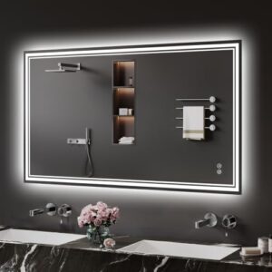 Badspiegel mit Beleuchtung, 70x100cm, LED-Badezimmer-Spiegel, Beschlagfrei, Touch-Schalter, 3 Lichtfarben, Dimmbar, für Badezimmer und Gäste WC