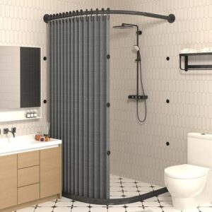 Gebogenes Duschvorhang-Set mit Duschvorhangstange und Wasserrückhaltestreifen, magnetischer Saugnapf und wasserdichtem Design für kleine Badezimmer (X(100-120) × Y(100-120), Gray+Black)