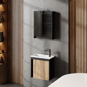Einfaches Waschbecken-Set mit Unterschrank und Spiegelschrank fürs Badezimmer, moderner Schwarz-Matt-Anstrich