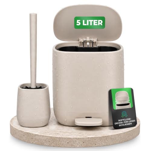 Eleganter 5-Liter-Mülleimer mit Deckel und Softclose-Funktion für das Badezimmer, inklusive Klobürsten Set